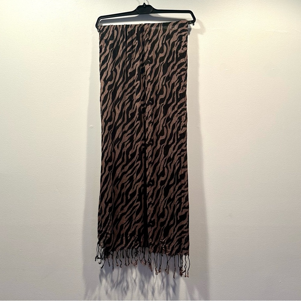 Black Brown Zebra Patterned Fringe Scarf
